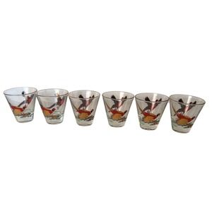 Set of 6 Vintage Shot Glasses Pheasant‎ Bird Design Gold Rim Shot Glasses